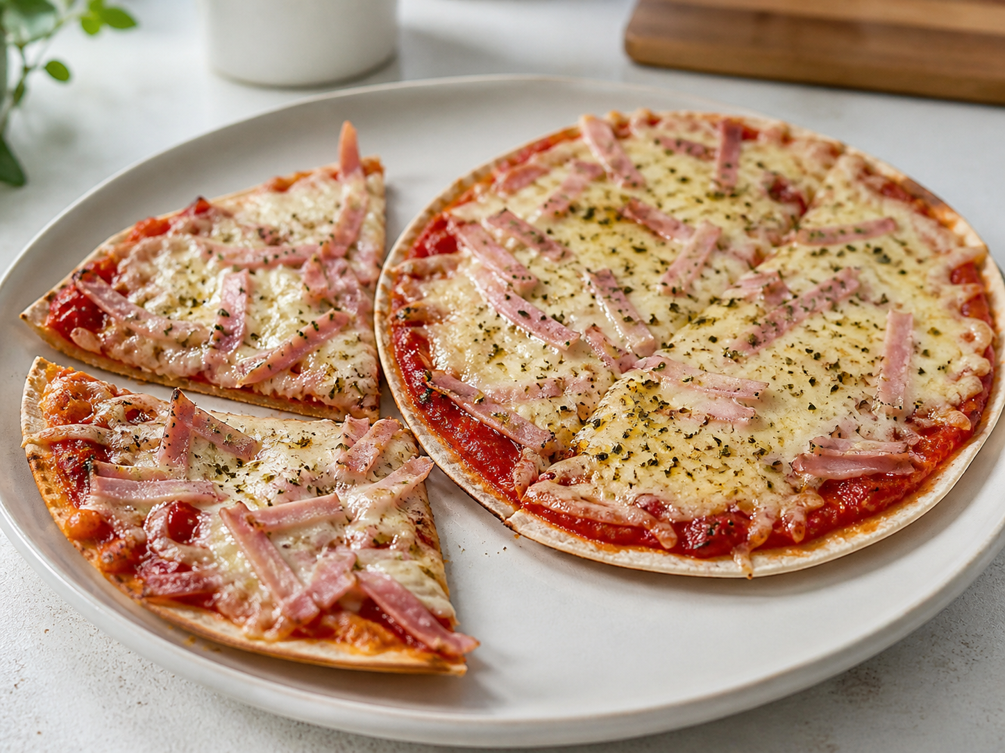 Tortilla pizza med skinke og ost